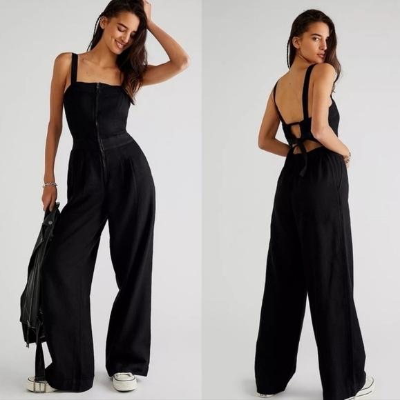 Free People Call On Me Jumpsuit Black Wide Leg Open Back - Picture 1 of 14